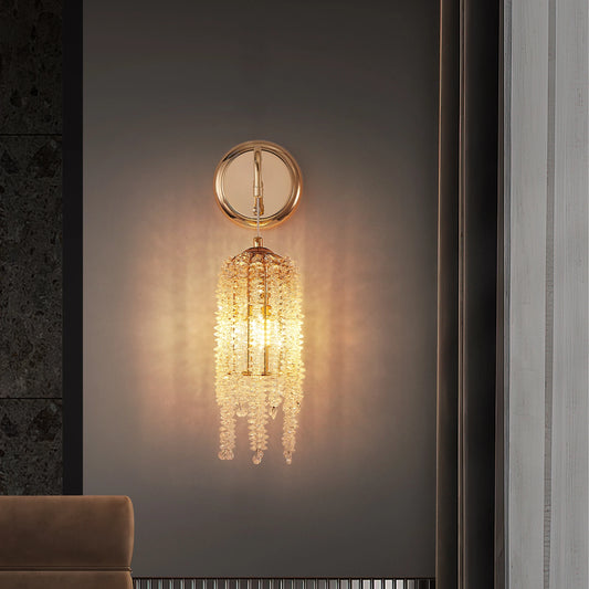 Set of 2 Gold Frame and Cascading Crystal Bead String Wall Sconces, E12 Bulb Socket, Elegant Hanging Light Fixture (No Bulb)