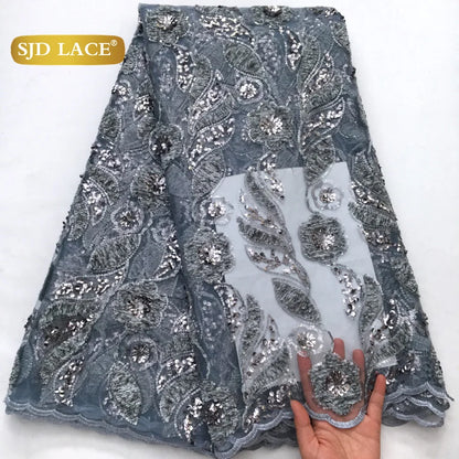 SJD LACE French Mesh Lace Fabric with Beads 2025 High Quality Nigerian African Net Tulle Lace for Sewing Women Wedding Dress4319