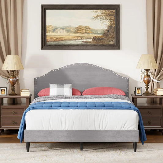 Full Platform Bed Frame with Fabric Headboard and Wooden Slats Support, Fully Upholstered No Box Spring