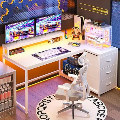 L Shaped Gaming Desk with LED Lights & Power Outlet, 48Inch Corner Computer Desk with Drawers Reversible Home Office Desks with