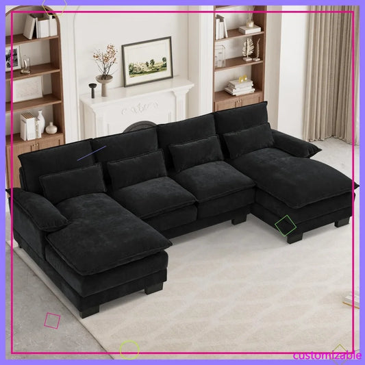 U Shape Cloud Couch Sectional Sofa, 110" Modern Chenille Comfy Modular Sofa with Memory Foam & Double Chaise, Jet Black