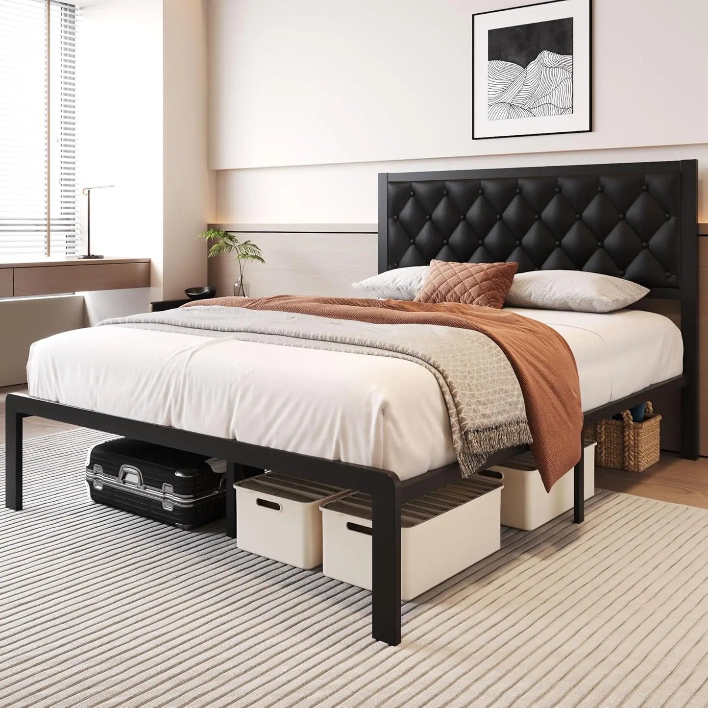 Queen Bed Frame with Headboard PU Leather Upholstered Bed Frame Platform,All Metal Slats Support Platform Bed Frame