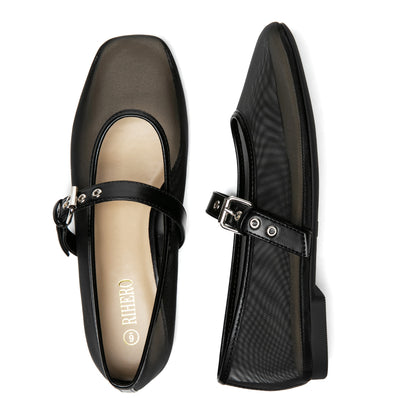 Mesh Ballet Flats for Women Square Toe Buckle Strap Mary Jane Flats Comfortable Casual Ballerina Shoes