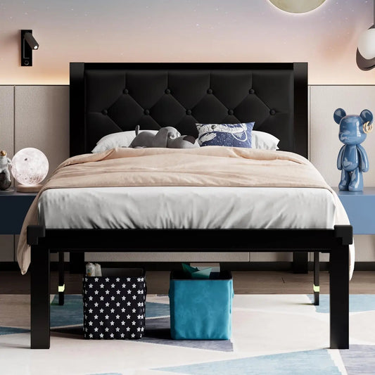 Twin Size Metal Bed Frame with Faux Leather Headboard, 12" Storage, Noise Free, Black