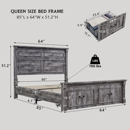 Farmhouse Queen Size Bed Frame, with 51" Tall Headboard, Wood Bed Frame with 20" Tall Footboard & 2 Large Storage Drawers