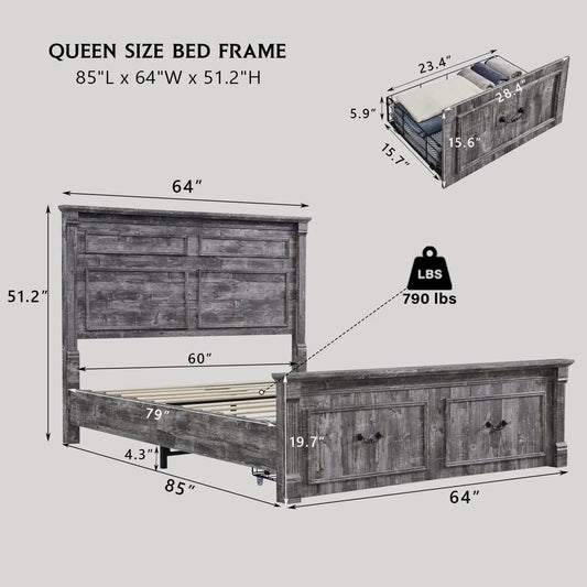 Farmhouse Queen Size Bed Frame, with 51" Tall Headboard, Wood Bed Frame with 20" Tall Footboard & 2 Large Storage Drawers