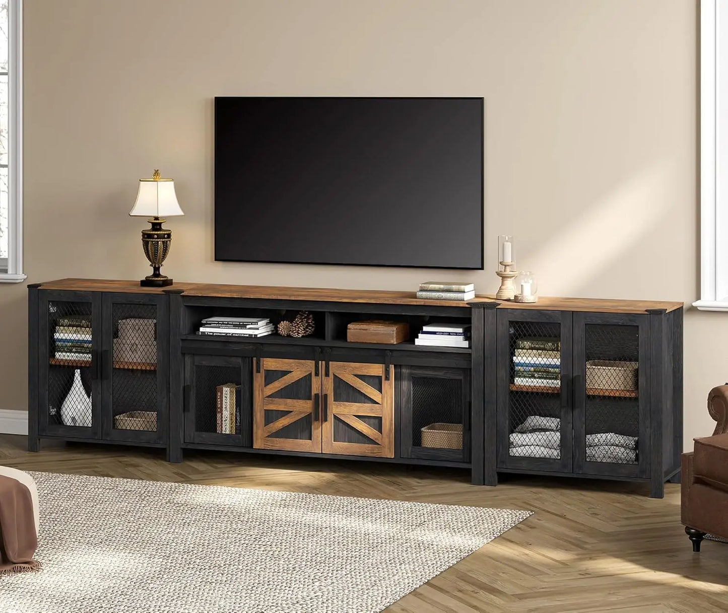 TV Stand Set for 100 inch TV,Door Storage Cabinet with Mesh for Living Room,Farmhouse Storage Units with Open and Adjusta