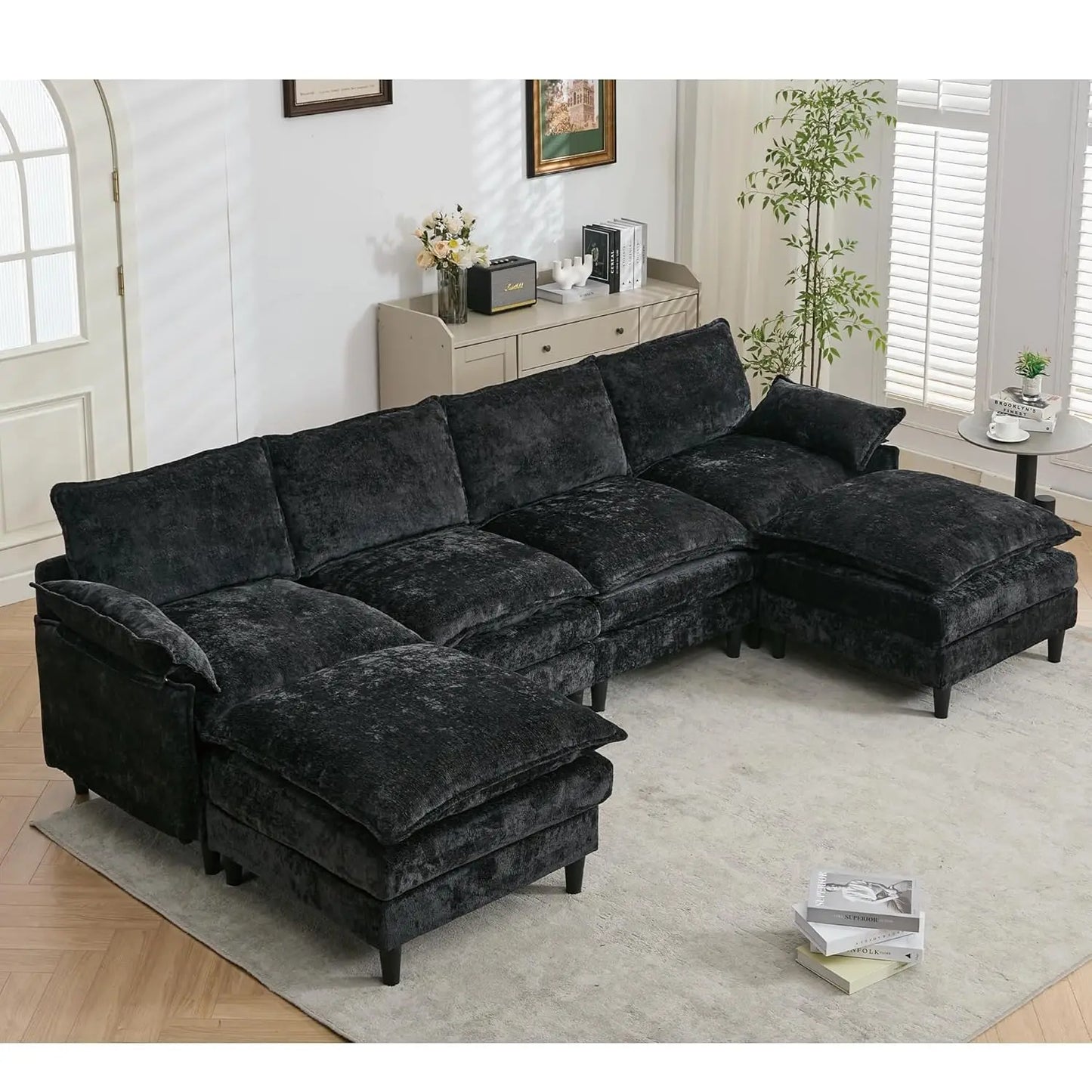 Modern U Shape Sectional Sofa Cloud Couch, 110" Upholstery Chenille Fabric Modular Couch, Comfy 4 Seat Sleeper Sofa With Double