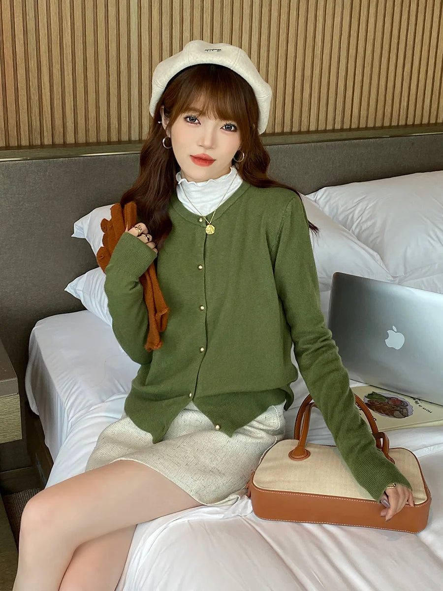 Solid Color Knitted for Women Cardigan Korean Single Breasted Long Sleeve Jumper Woman Round Neck All Match Cardigans Outwear