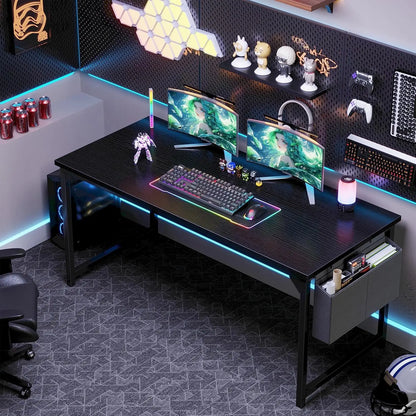 63 Inch Computer Desk for Small Spaces, Gaming Office Work Table with Storage Bag, Black White Brown