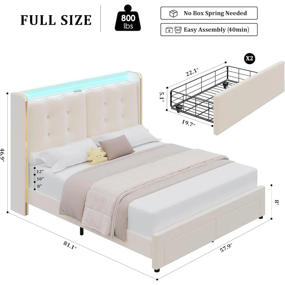 Upholstered Full Led Bed Frame with Charging Station and Storage Drawers, Velvet Princess Platform Bed Frames