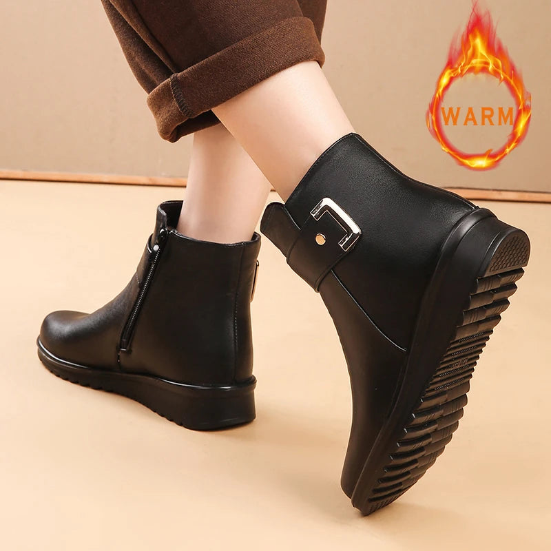 Women's Winter Snow Boots Round Toe Zip-Up Casual Boots with Faux Fur Lining & Non-Slip PU Sole Warm Black Shoes Footwear Girl W