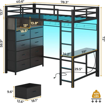 Twin Loft Bed with Desk, 8 Drawers, LED Lights, and Charging Station - Metal Storage Bed