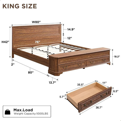 Farmhouse King Bed with Headboard, Storage Bench & 4 Drawers, Rustic Wood Platform Bed in Dark Brown
