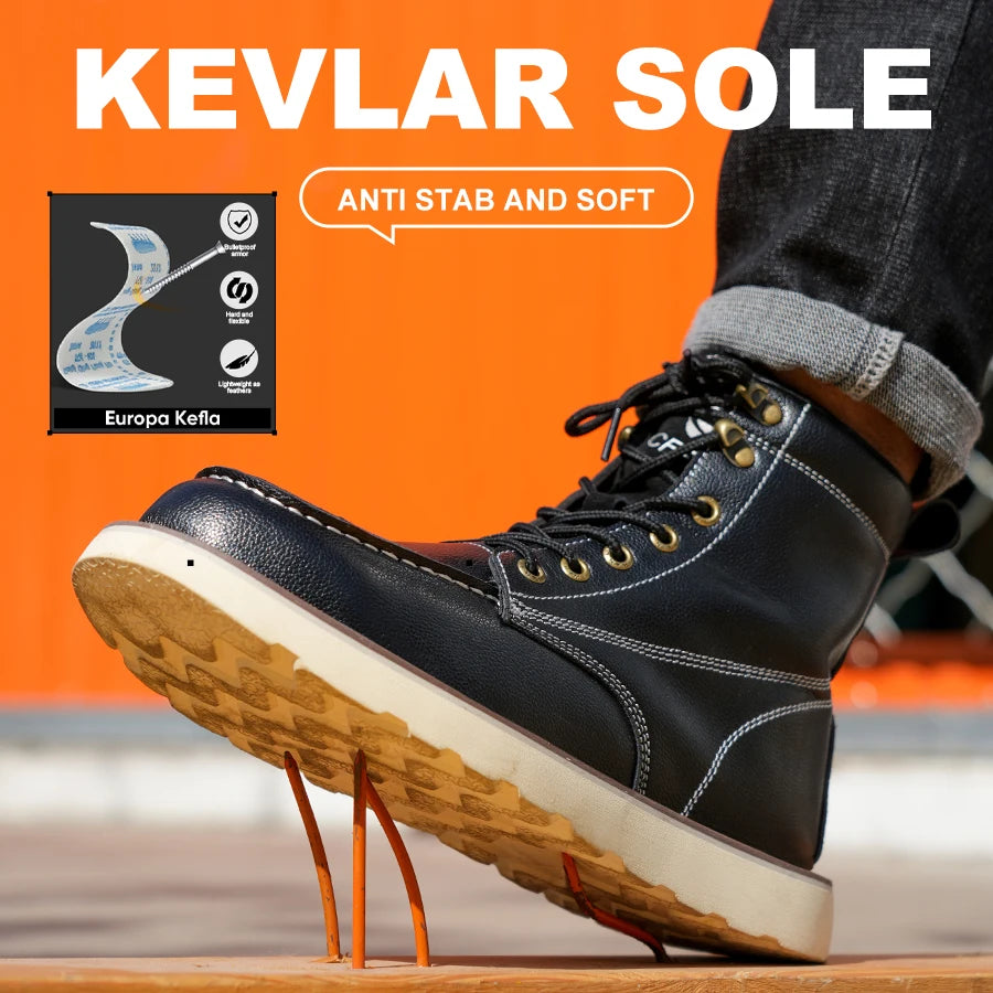 Two layer cowhide men's anti-smash anti-puncture high top work safety shoes
