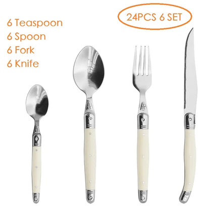 4/6/24pcs Laguiole Ivory White Silverware Stainless Steel Steak Knives Table Forks Dinner Spoons Dessert Teaspoon Xmas Cutlery