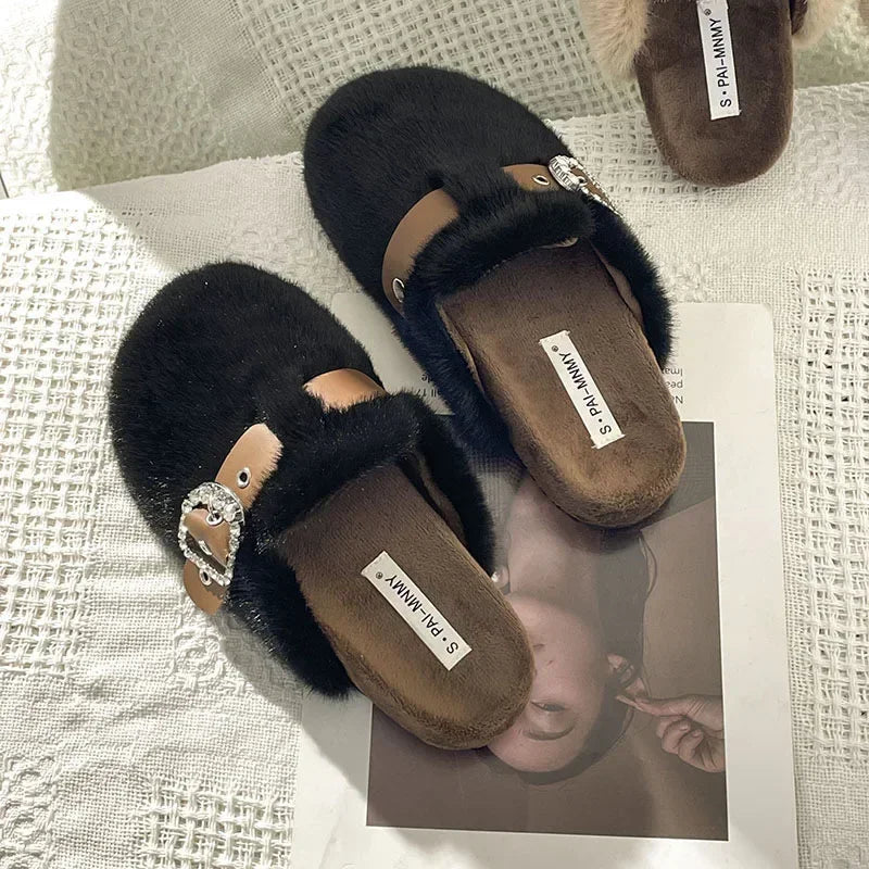 Winter Warm Plush Slippers for Women Closed Toe Faux Fur Cotton Shoes Woman Fashion Buckle Lightweight Flat Mules Shoes 2025