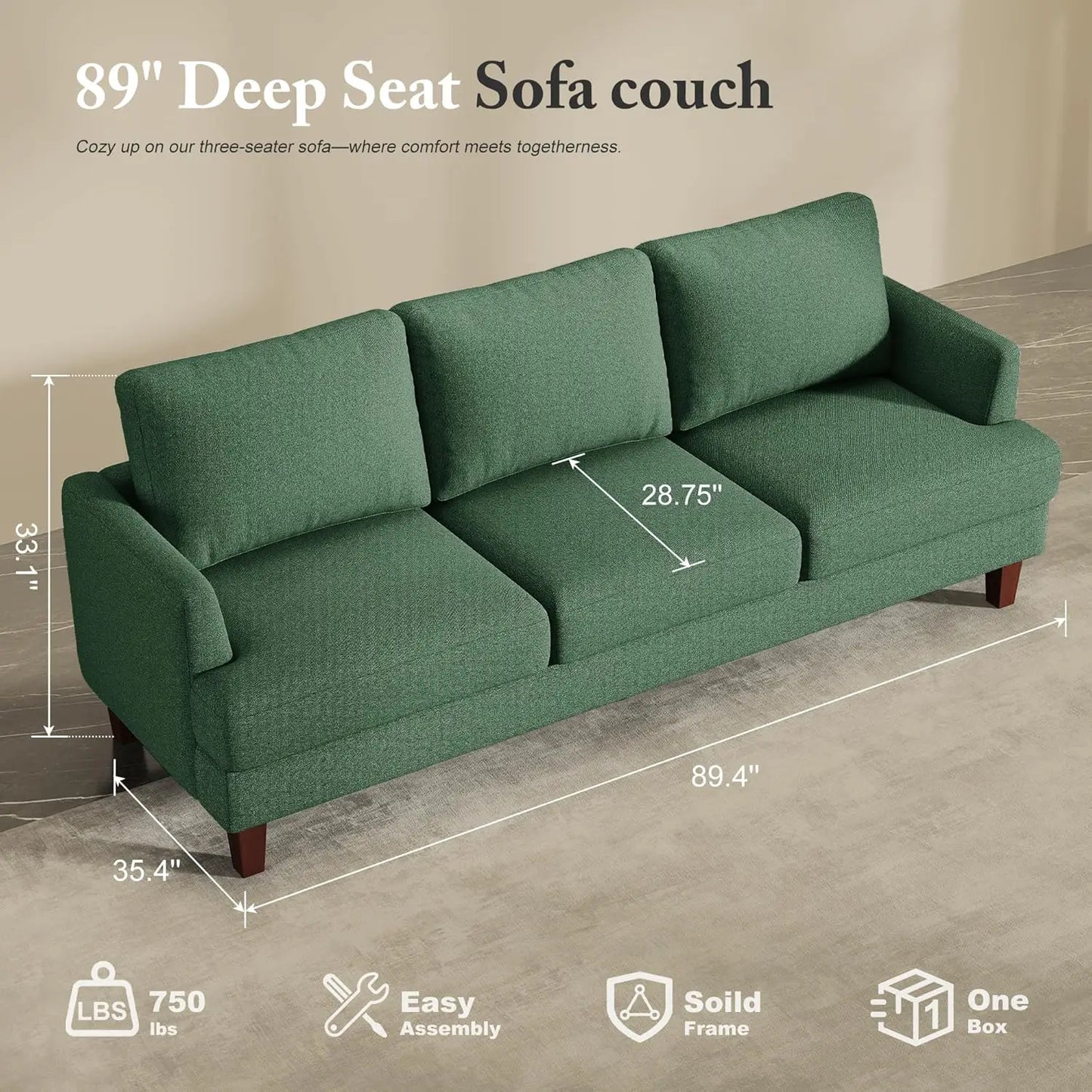 3 Seater Sofa Couch with Deep Seats, 89" Mid Century Modern Upholstered Sofa with Armrests, Comfy Couches , Customized