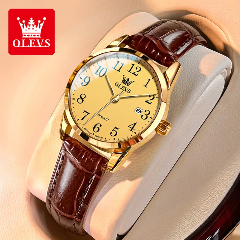 OLEVS Brand Fashion Quartz Watch for Men and Women Leather Strap Waterproof Original Watch Arabic Numeral Scale Giving to Elders