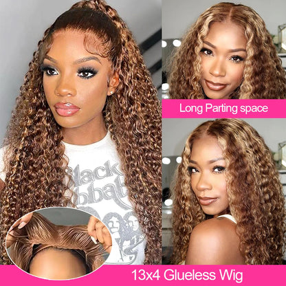 250% Wear and Go Glueless Wigs Highlight Ombre Curly Wigs Brown 13x4 HD Lace Frontal Human Hair Wigs Deep Water Wave Wigs CEXXY