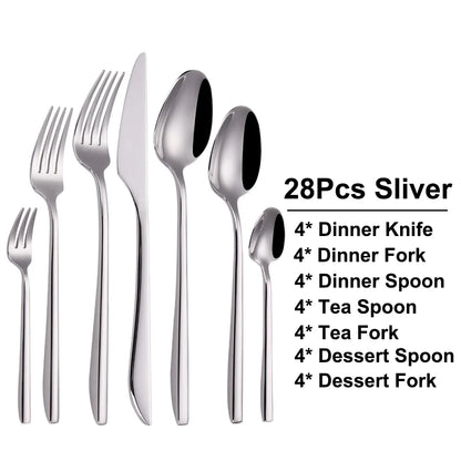 6/16/20/24/28Pcs Cutlery Set Stainless Steel 304 Tableware Mirror Sliver Dinner Set Western Knife Fork Spoon Elegant Flatware
