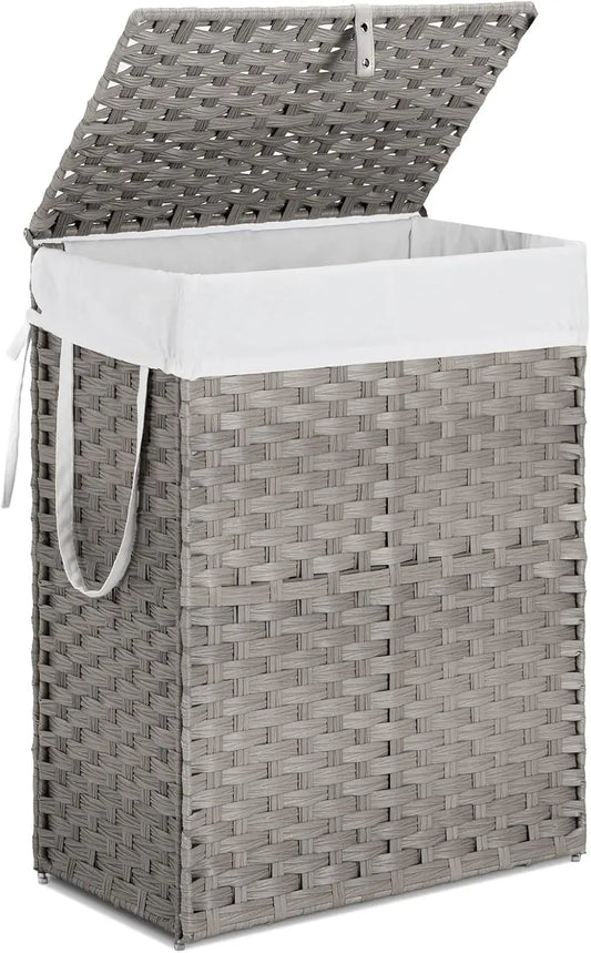 90L Foldable Woven Laundry Basket with Lid, Gray Rattan Hamper with Washable Liner, Steel Frame & Odor Control