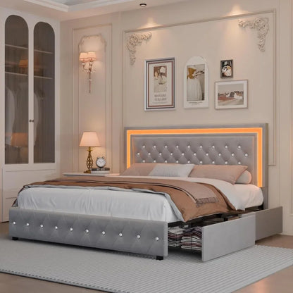 LED Bed Frame, Upholstered Bed with 4 Drawers, Adjustable Upholstered Headboard Diamond Bed Frame, No Box Spring Needed