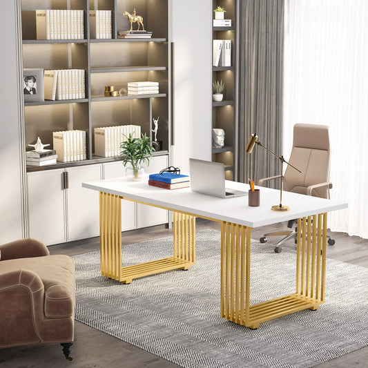 Tribesigns Modern Office Desk, 70.9" Wooden Computer Desk,Executive Desk with Gold Metal Legs, Large Workstation Home Office