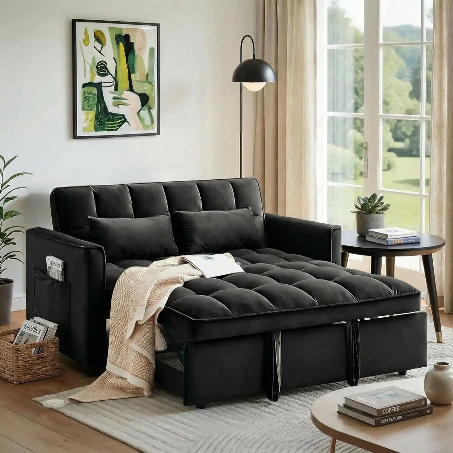 Convertible Sleeper Sofa Bed, 54'' Loveseat with Adjustable Backrest, Velvet Fabric, Pull Out Couch for Living Room