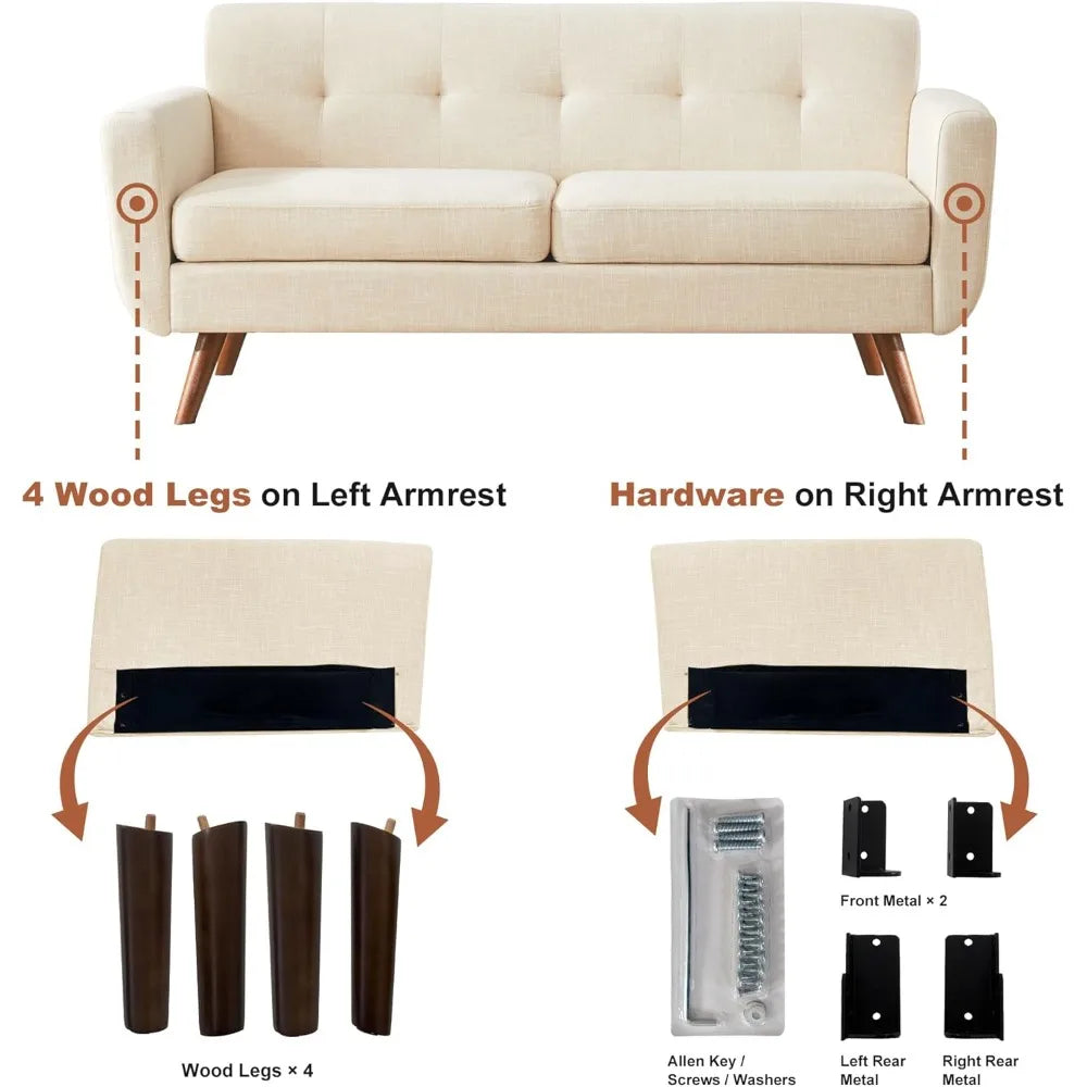 65" W Loveseat Sofa, Mid Century Modern Decor Love Seat Couches for Living Room, Button Tufted Upholstered Small Couch