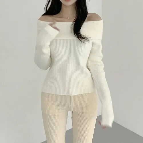 Korean Style Pure Desire One Shoulder Knitted Sweater Thickened Long Sleeve Slim Fit Women's Fashion Autumn Clothes