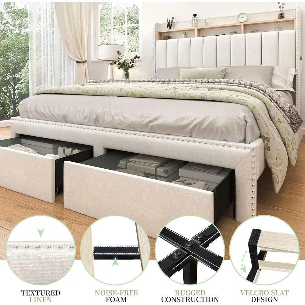 Modern Platform Bed with Upholstered Wingback Headboard, 2 Drawers, Channel Tufted, No Box Spring Needed Customized