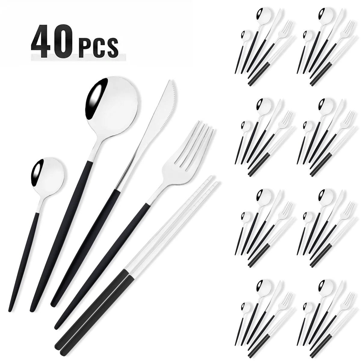 40pcs Black Gold Dinnerware Set Mirror Western Stainless Steel Cutlery Set Fork Knife Spoon Chopsticks Tableware Party Flatware