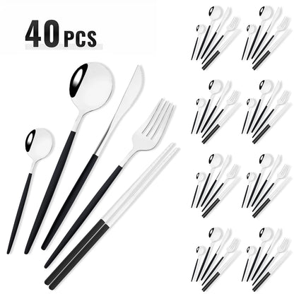 40pcs Black Gold Dinnerware Set Mirror Western Stainless Steel Cutlery Set Fork Knife Spoon Chopsticks Tableware Party Flatware