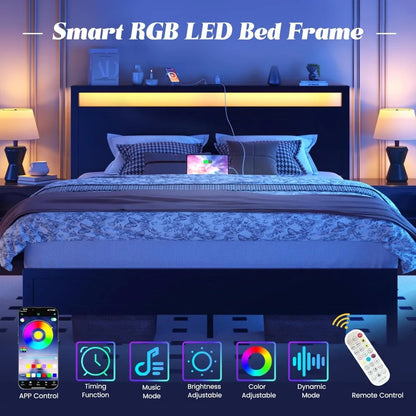 Bed Frame with Headboard & Footboard, Bed Frame with Built-in Charging Station & LED Light, Storage Shelf,, Customized