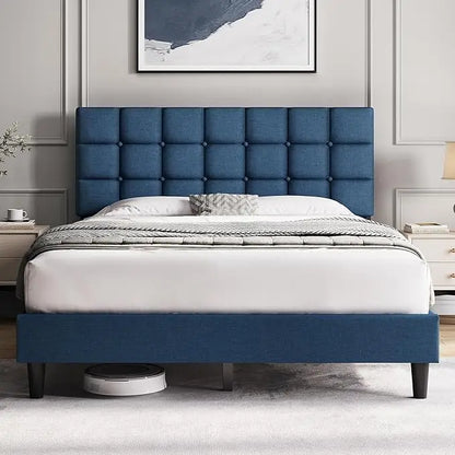 Upholstered Bed Frame, Modern Queen Bed Platform with Square Stitched&Button Tufting Headboard Height Adjustable, Wooden