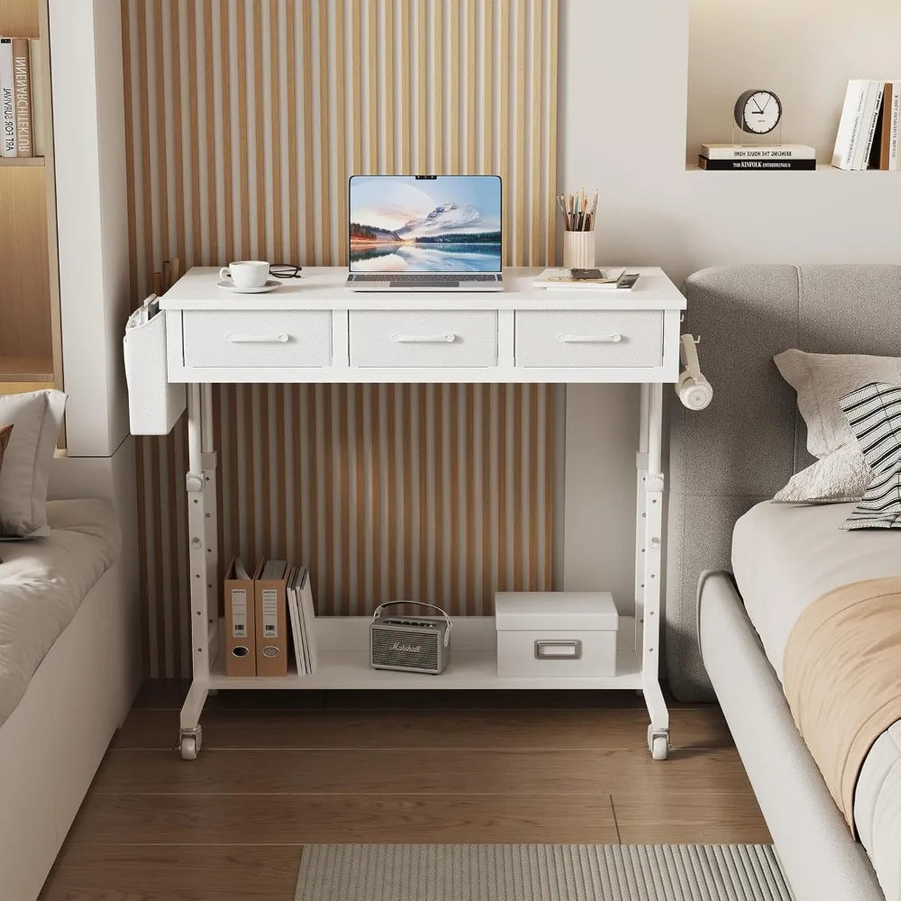 White Portable Rolling Computer Desk - 40 Inch Adjustable Mobile Standing Teacher Desks with 3 Fabric Drawers on Wheels, Couch S
