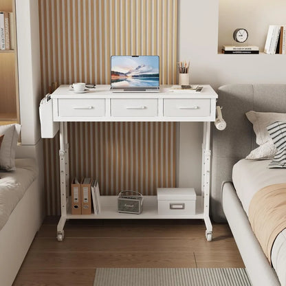 White Portable Rolling Computer Desk - 40 Inch Adjustable Mobile Standing Teacher Desks with 3 Fabric Drawers on Wheels, Couch S