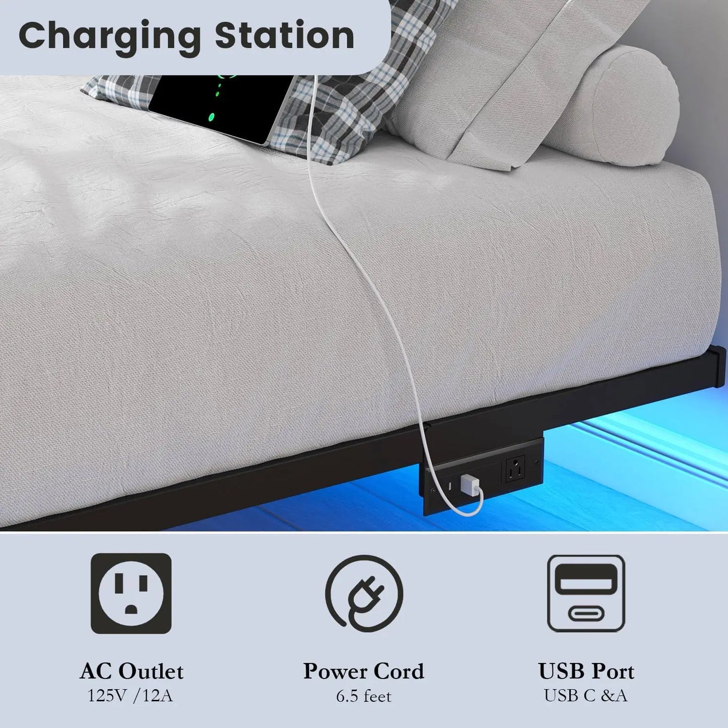 Queen Floating Bed Frame with LED Lights and Charging Station, No Box Spring Needed, Easy Assembly