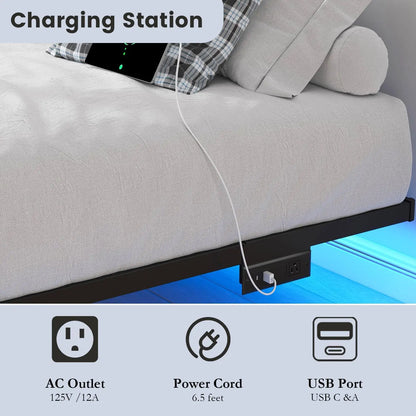 Queen Floating Bed Frame with LED Lights and Charging Station, No Box Spring Needed, Easy Assembly