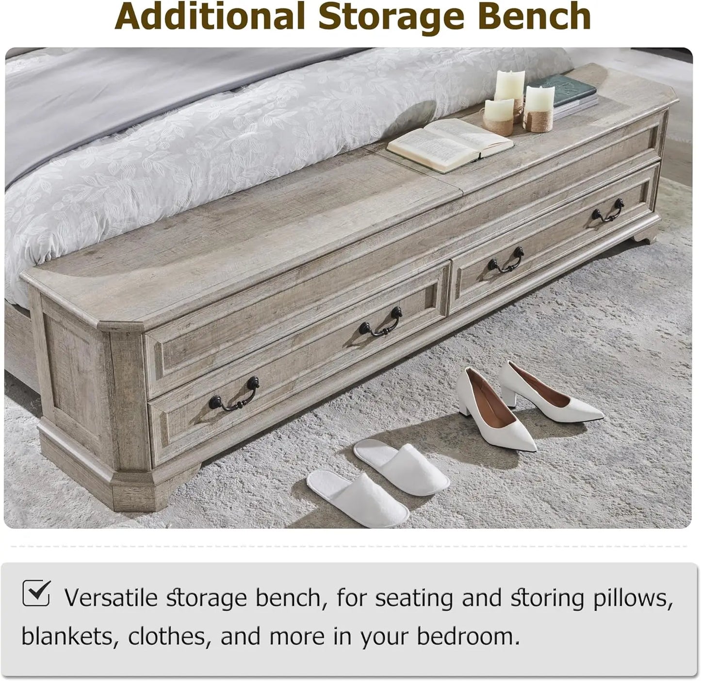 Farmhouse King Bed with Headboard and Storage Bench, Rustic Wood Platform Bed with 80" Storage Chest, Customized