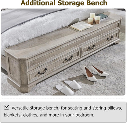Farmhouse King Bed with Headboard and Storage Bench, Rustic Wood Platform Bed with 80" Storage Chest, Customized