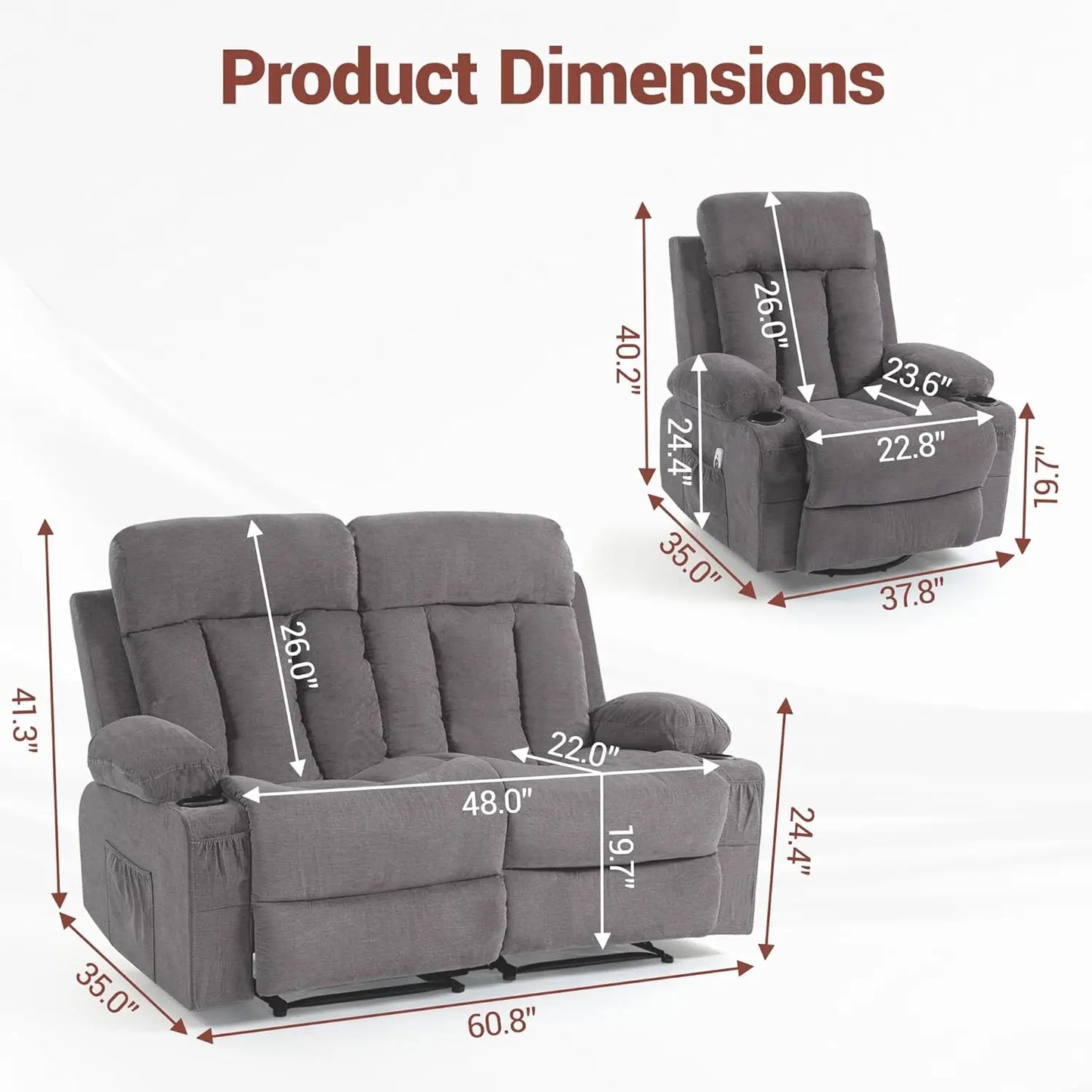 3 Piece Manual Recliner Sofa Set with Cup Holders Home Theater Office Grey Fabric Loveseat+Chair+Chair, Customized