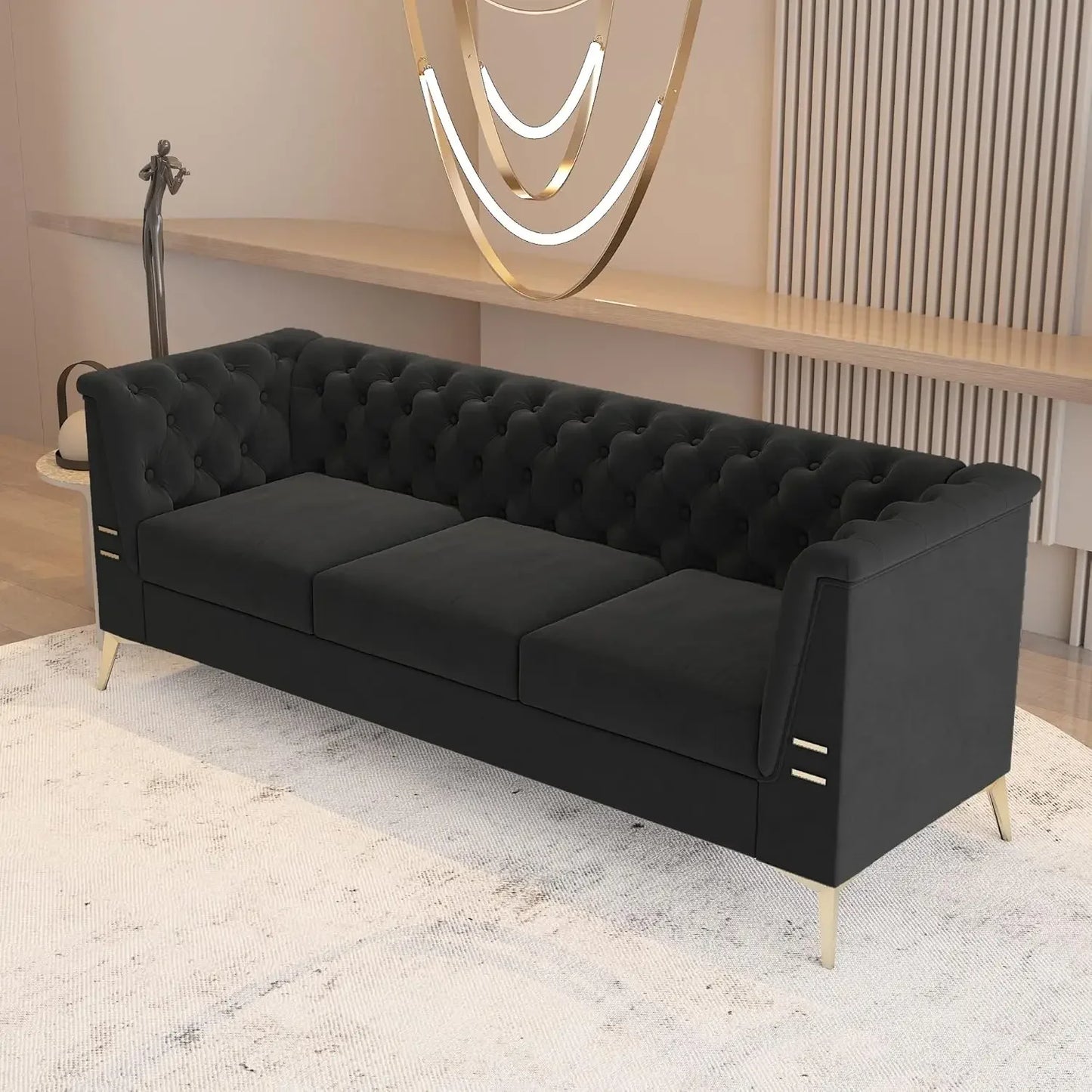 Black Chesterfield Velvet Couch for Living Room,3 Seater Tufted Sofa with Gold Metal Legs, Large Upholstered Comfy, Customized