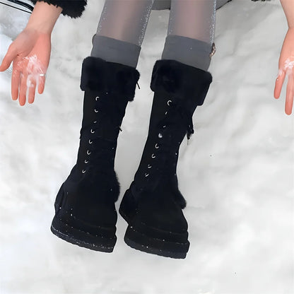 Winter Warm Faux Fur Mid Calf Snow Boots Fashion Platform Wedges High Heels Side Zipper Lace-up Boots for Women