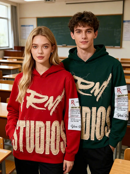 Oversized Hoodies with Embroidered Letters for Men. Y2K Street Hip-hop Style Red Hoodie Fall Jacket for Couples.