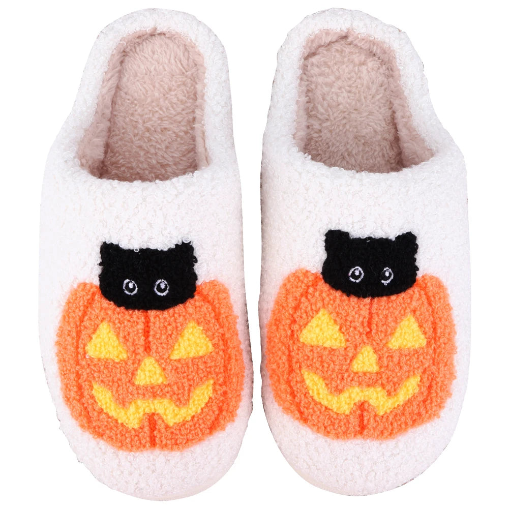 Halloween Pumpkin Cat Slippers Closed Toe Slippers Flat Thermal Slippers Warm Slip-On Unisex House Shoes Winter Halloween Gifts