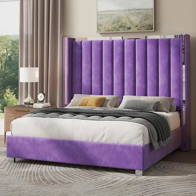 Black Velvet 58 High Wingback Headboard Queen Bed Frame, No Box Spring Required,Customized