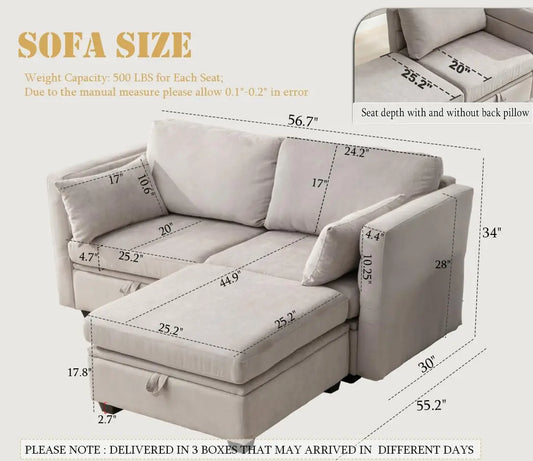Loveseat Sofa with Seats Storage Modular Sectional Sofa Small Couch with Ottoman for Small Spaces Convertible L, Customized