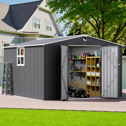 10x12FT Metal Outdoor Storage Shed Lockable Doors Clear Window Waterproof Backyard Patio Tool Storage Customized